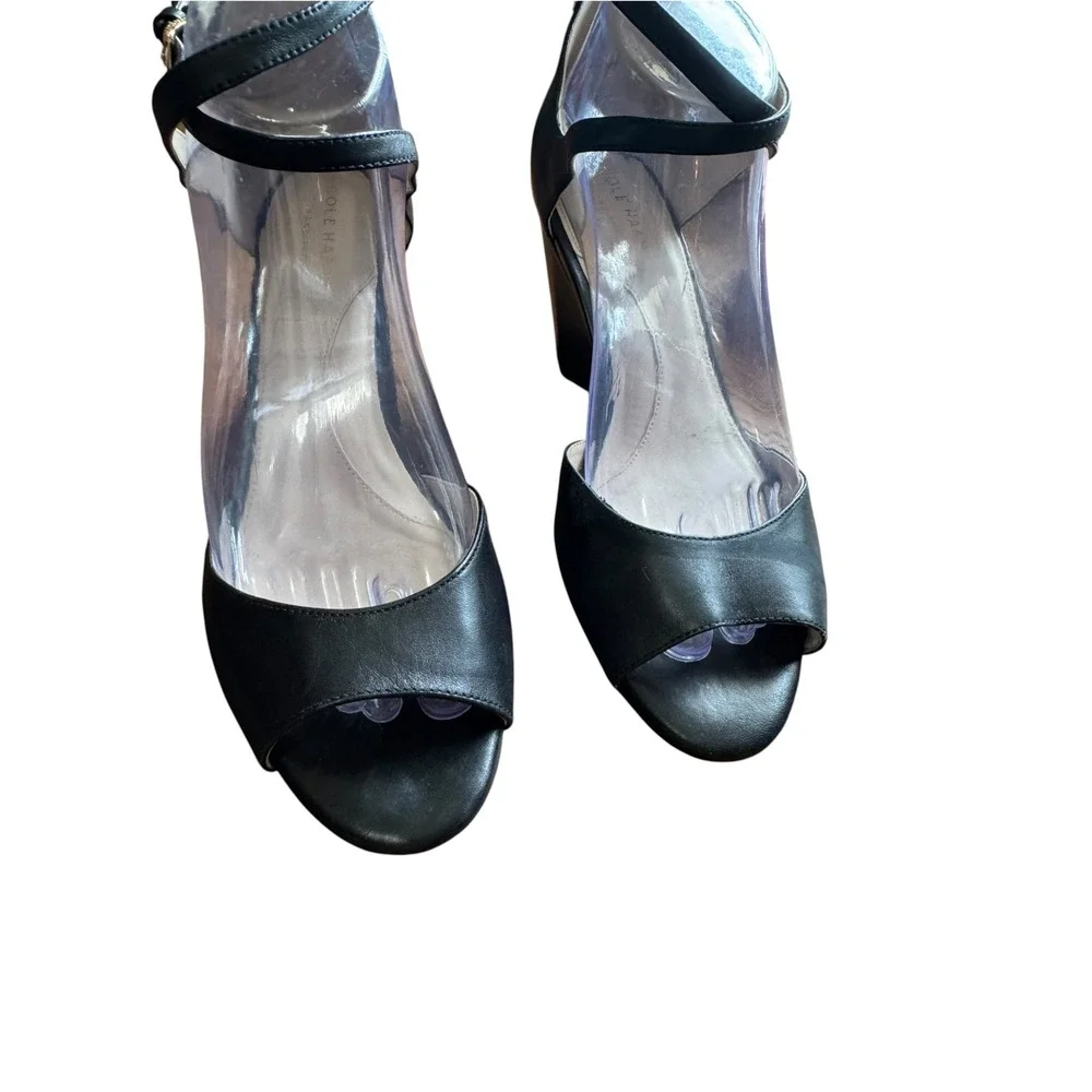 Cole Haan Grand 360 Wedge Sandals Womens 7.5B Black Leather Peep Toe Excellent